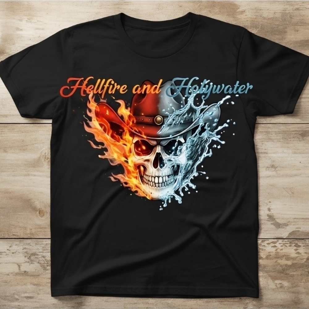 Hellfire & Holywater Skull Tee • Western Cowboy Graphic Shirt • Fire & Water - Picture 11 of 16